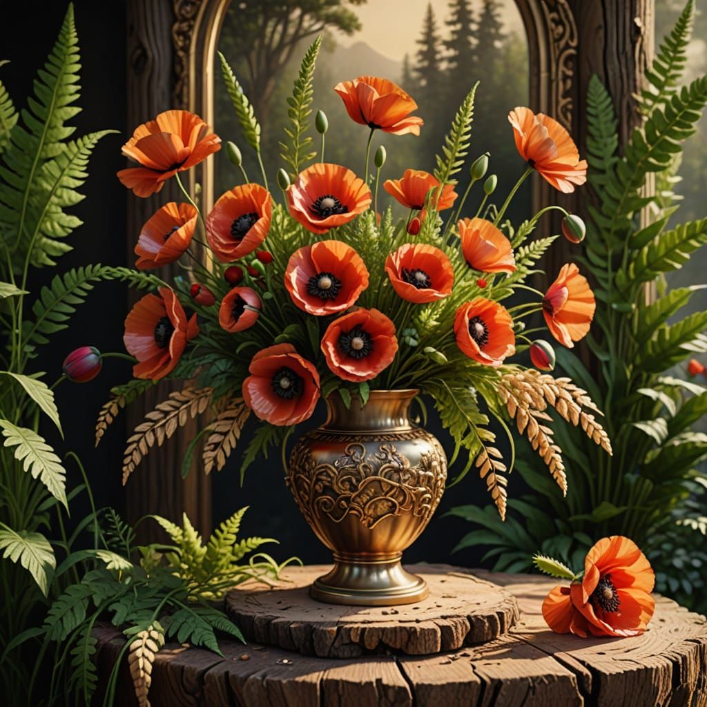 Brass Floral Vase Still Life in Hyperrealistic Style