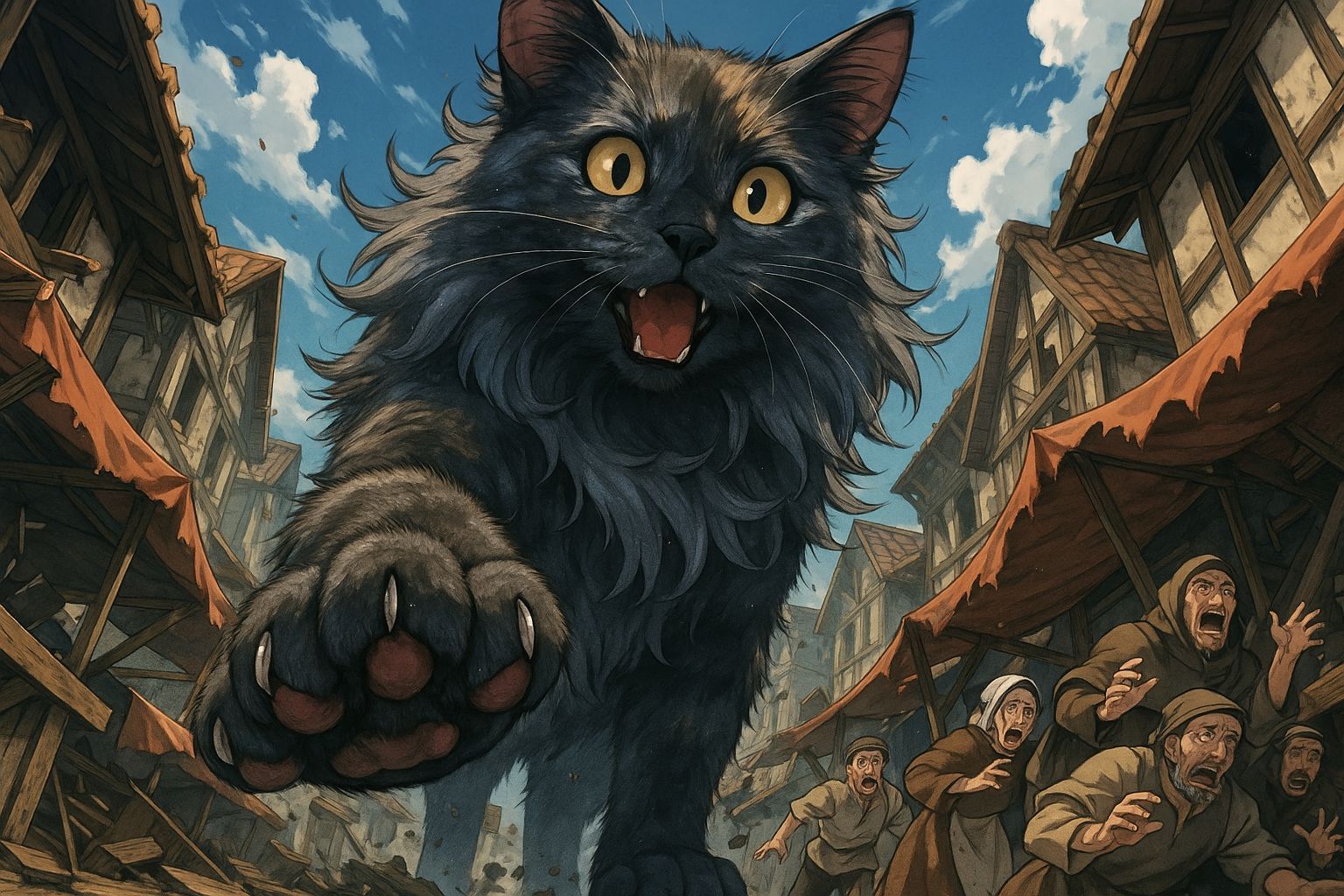 Giant Cat Pounces Through Miniature City: Anime Style