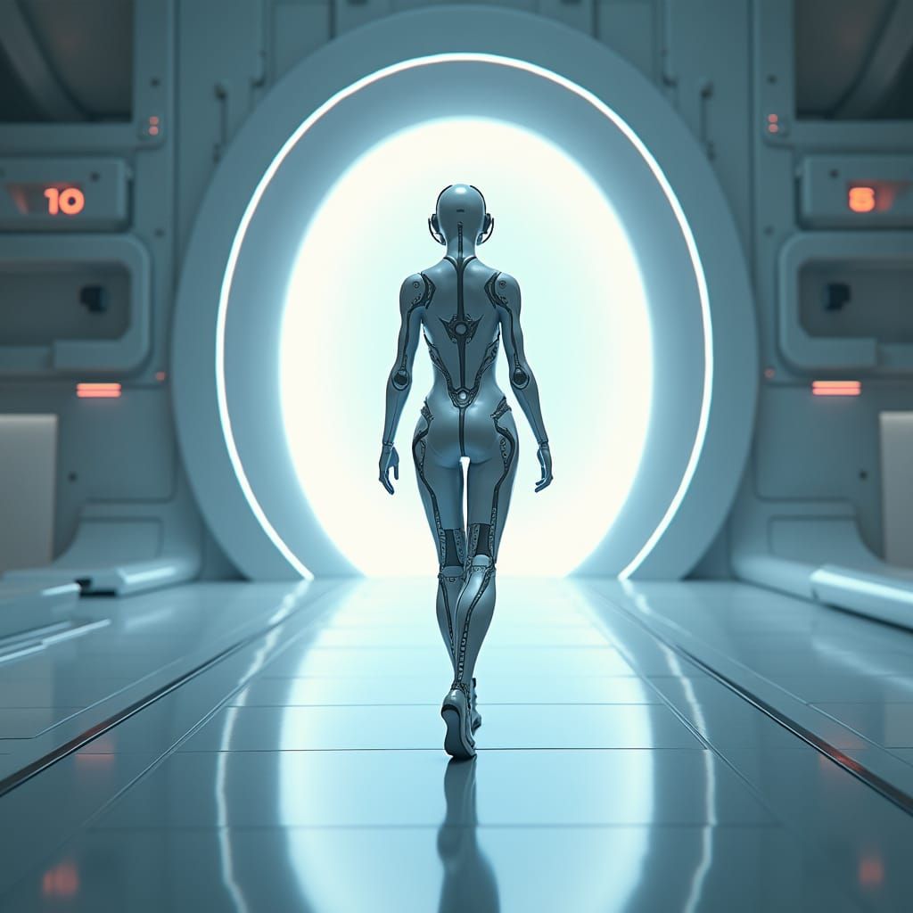 Bionic Figure Approaching Radiant Door in Futuristic Style
