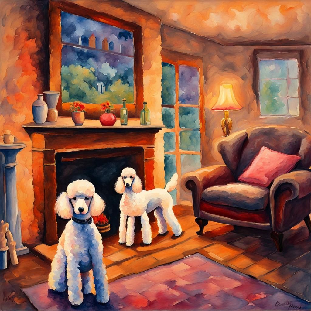 Warm Family Scene with Poodle as Impressionist Painting