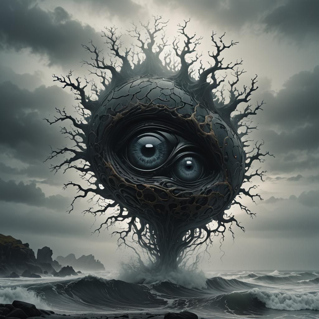 Glass 'A' with Eye and Brain in Dark Fantasy Style