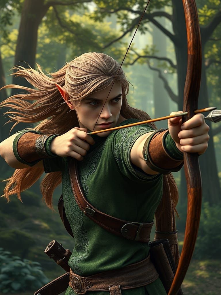 Elf Archer in Forest, Fantasy Concept Art