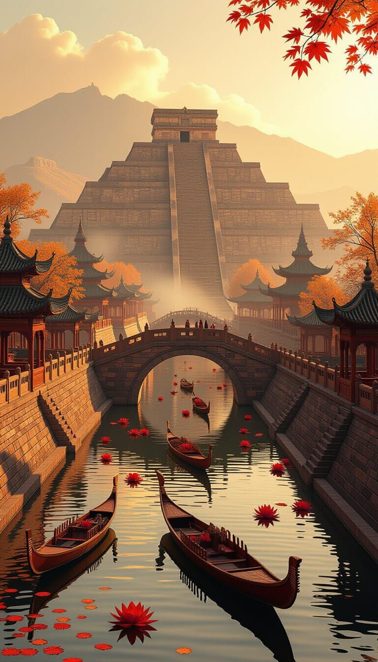 Autumn Temple Complex Blends Ancient Wonders and Art Deco