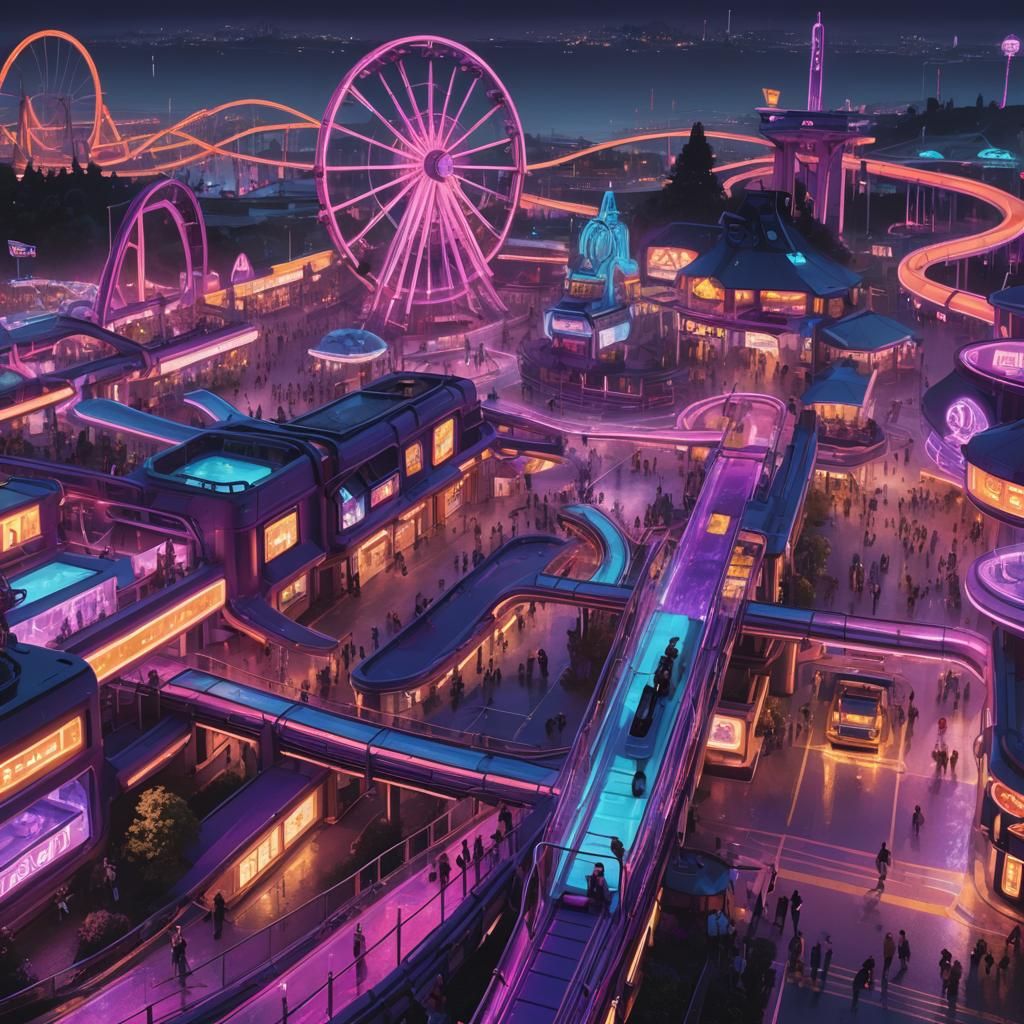 Neon Theme Park in Cyberpunk Style at Dusk
