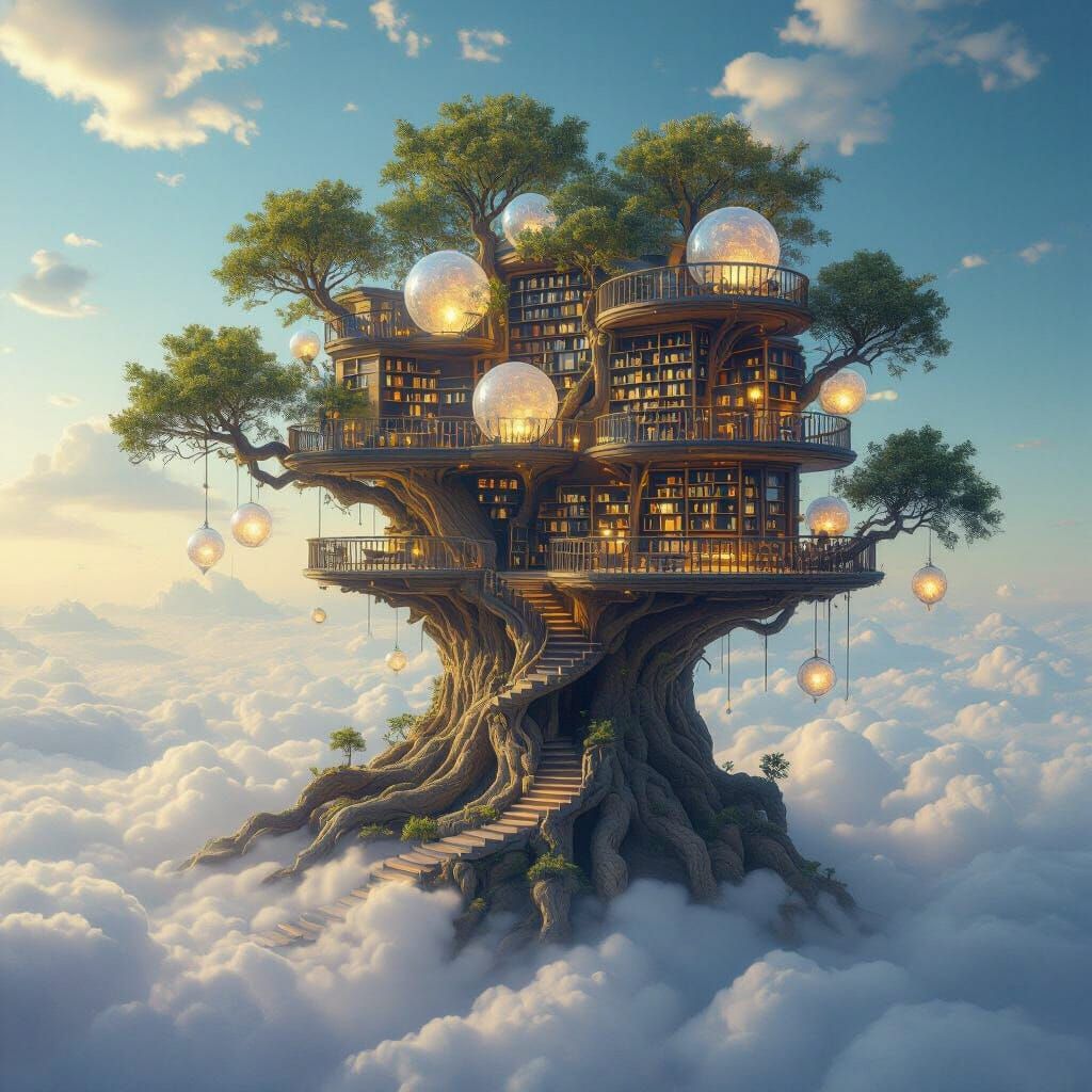 Floating Petrified Tree Library in Clouds