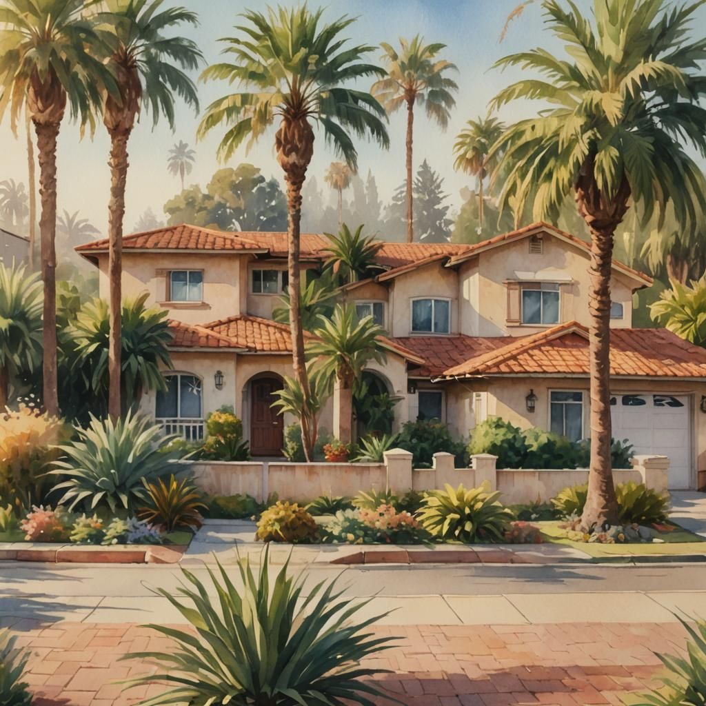 California House Exterior in Watercolor Style