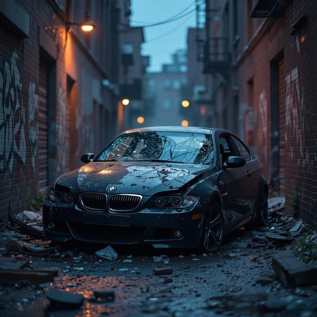 Crashed BMW in Gritty Urban Alleyway