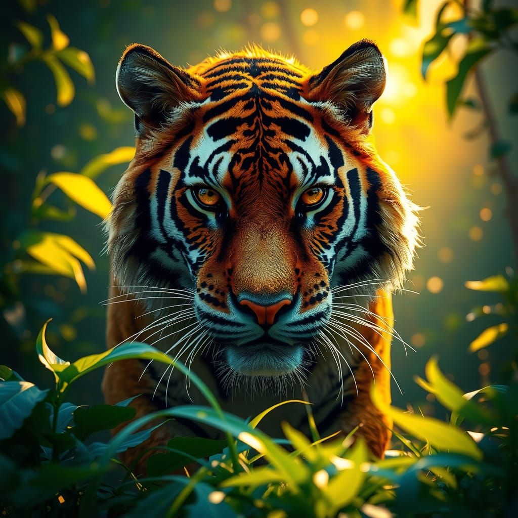Tiger Emerges from Green Undergrowth in Painterly Style