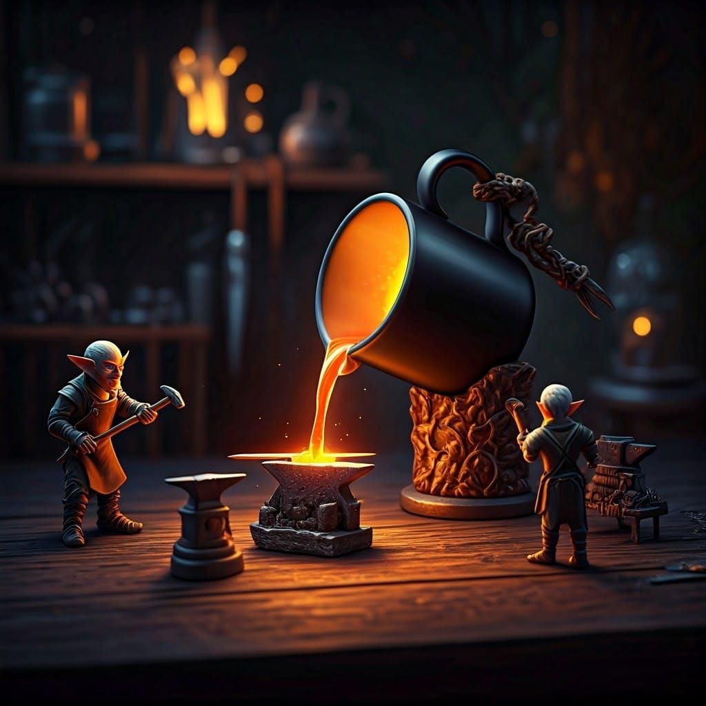 Miniature Elf Blacksmiths Forging a Sword