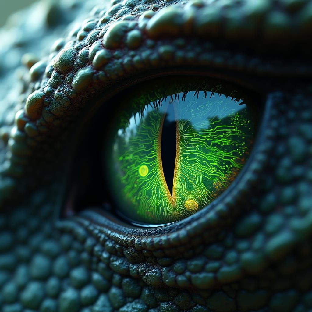 Dragon Eye Close-up with Neon Circuitry, Detailed Matte Pain...