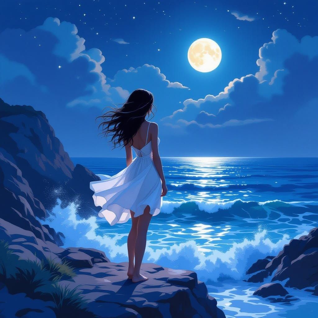 Woman on Cliff Overlooking Starlit Ocean in Moonlight