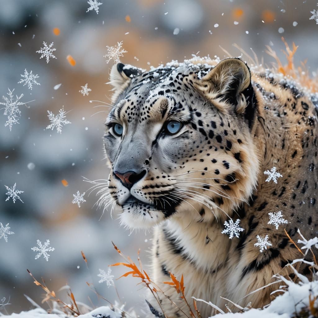 Snow Leopard in Abstract Expressionism with Snowflakes