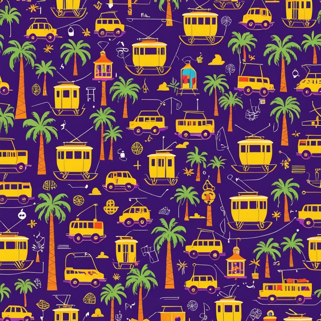 Vibrant Fabric Pattern with Cable Cars in Pop Art Style