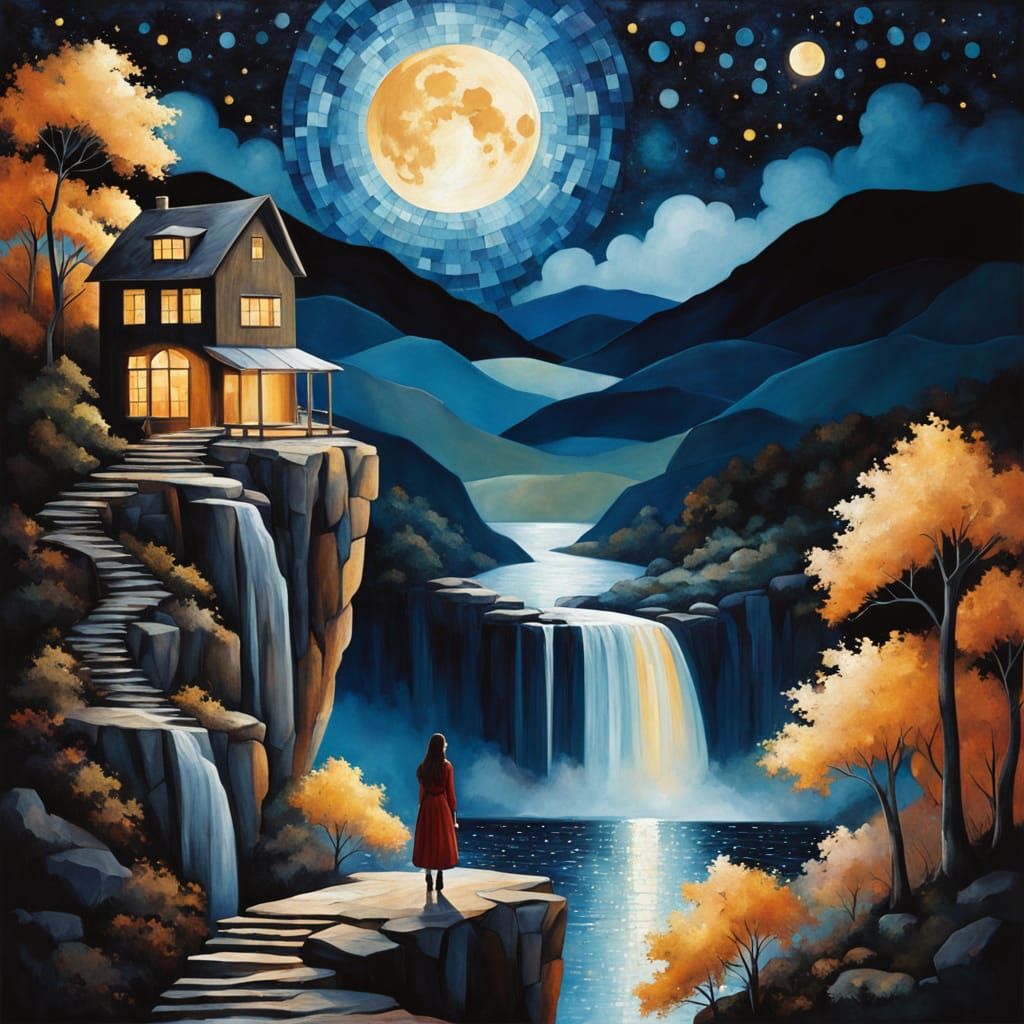 Dreamlike Woman at Waterfall Cottage: Semi-Abstract Painting