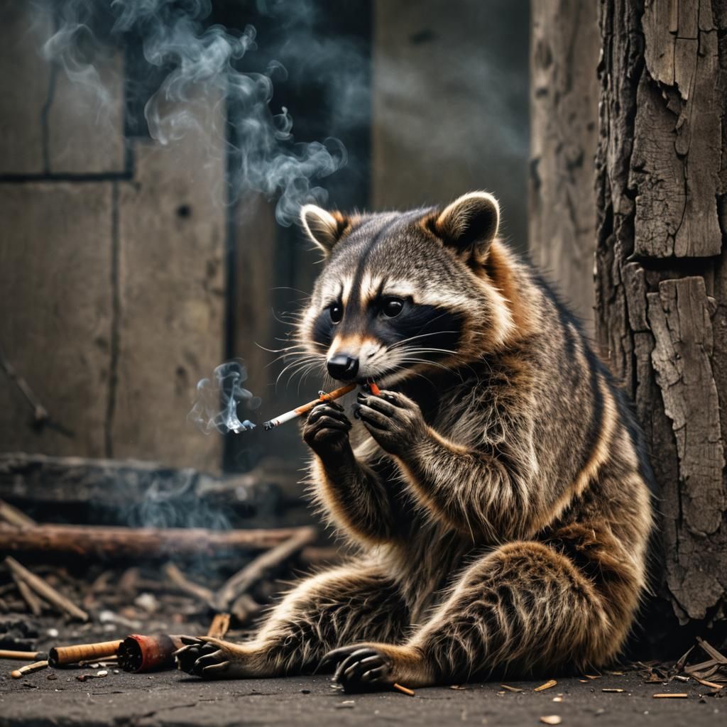 Hyperrealistic Raccoon Smoking a Cigarette
