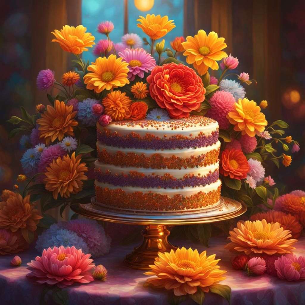 Birthday Party Splash Art with Cake and Flowers