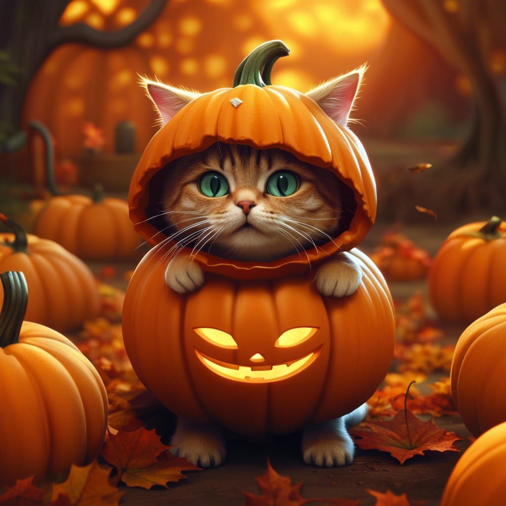 Cat in Pumpkin Costume: Autumn Halloween Art