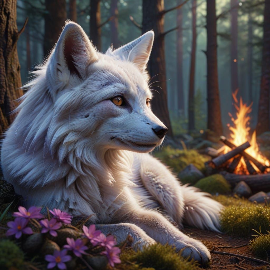 Surreal Princess Slumbers Behind a Campfire in a Mystical Pi...