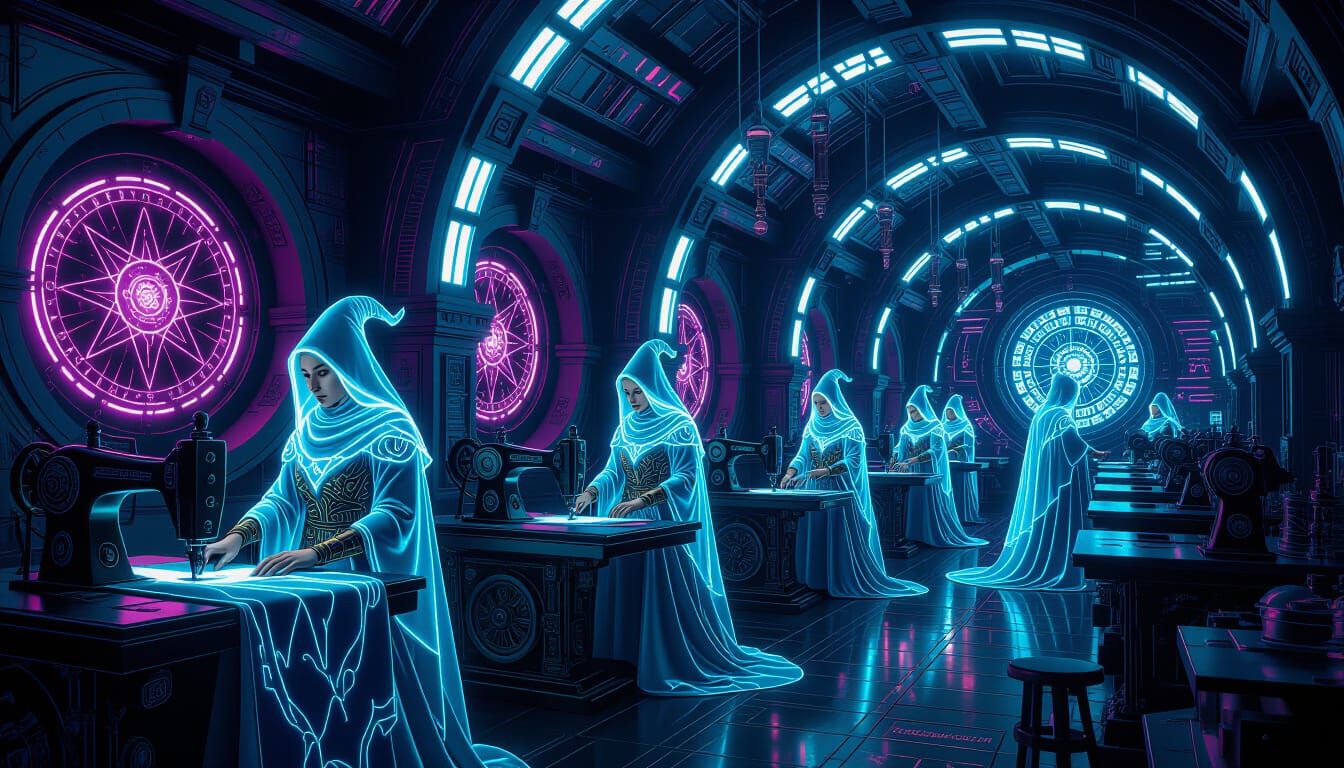 Witches Crafting Magic in a Futuristic Factory