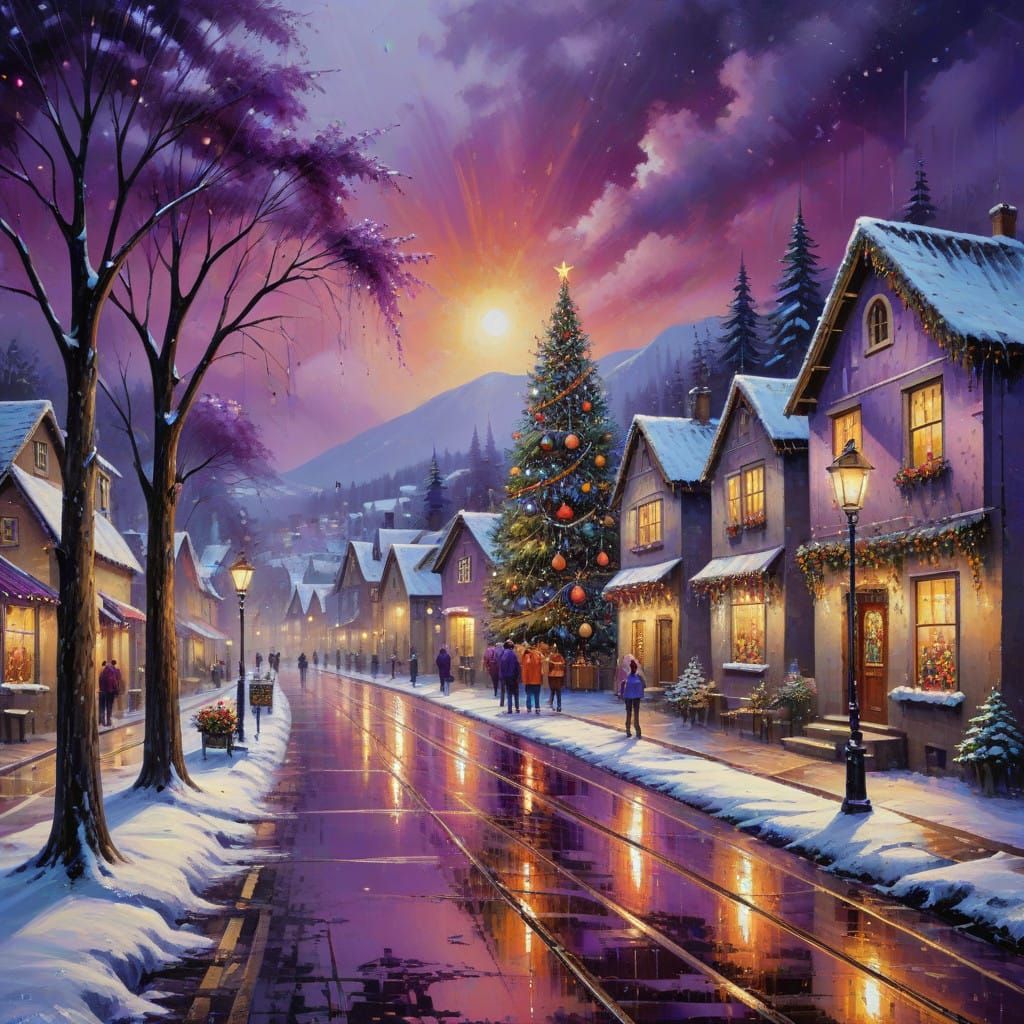 Whimsical Winter Village Scene in Faded Oil Painting Style