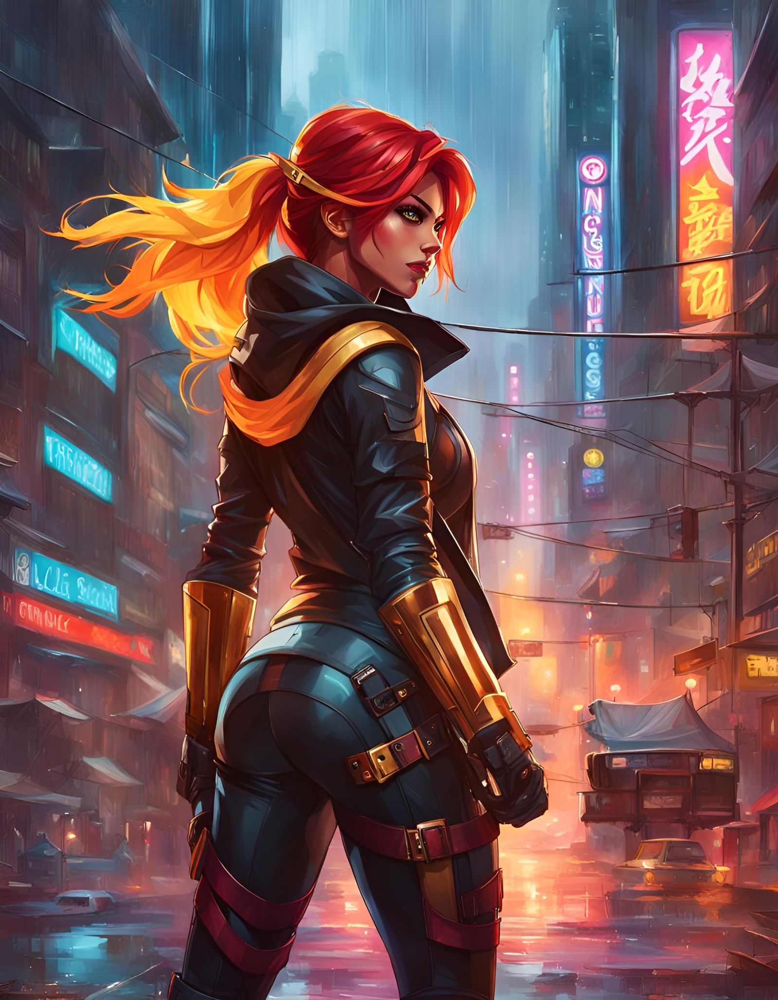 Sunset Shimmer as Cyberpunk Ninja in Rainy Megacity