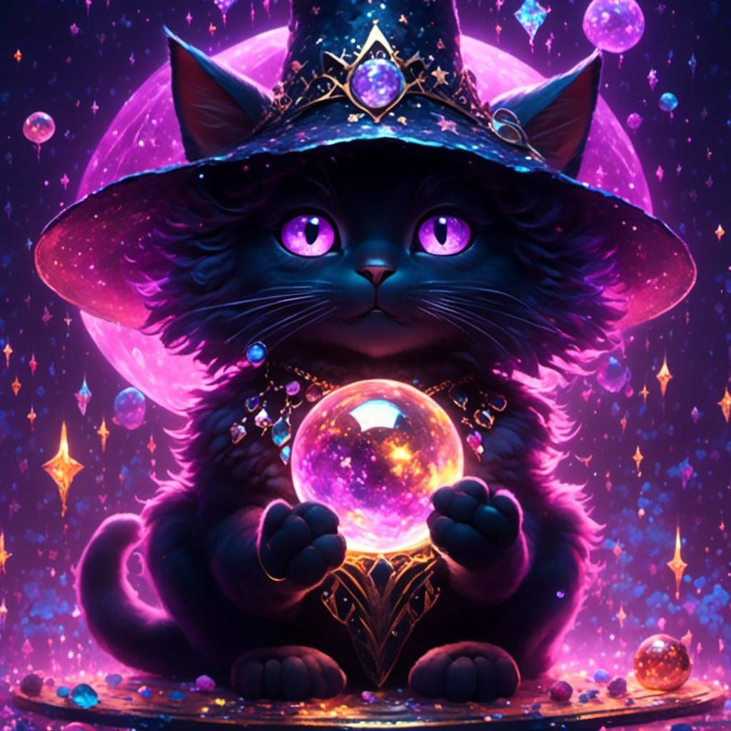 Magical Black Cat with Crystal Ball in Astral Art