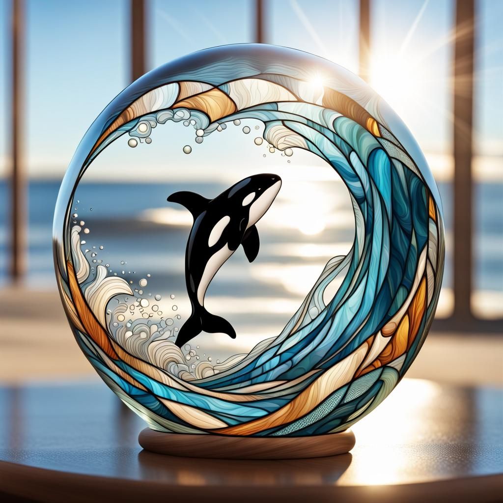 Stained Glass Orca Leaping Wave in Sunlight