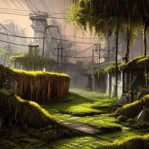Moss-Covered War-Torn City Street, Detailed Matte Painting