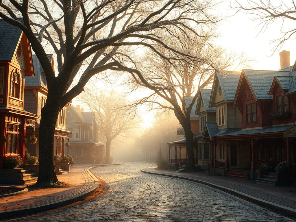 Foggy November Morning in Quaint Victorian Town