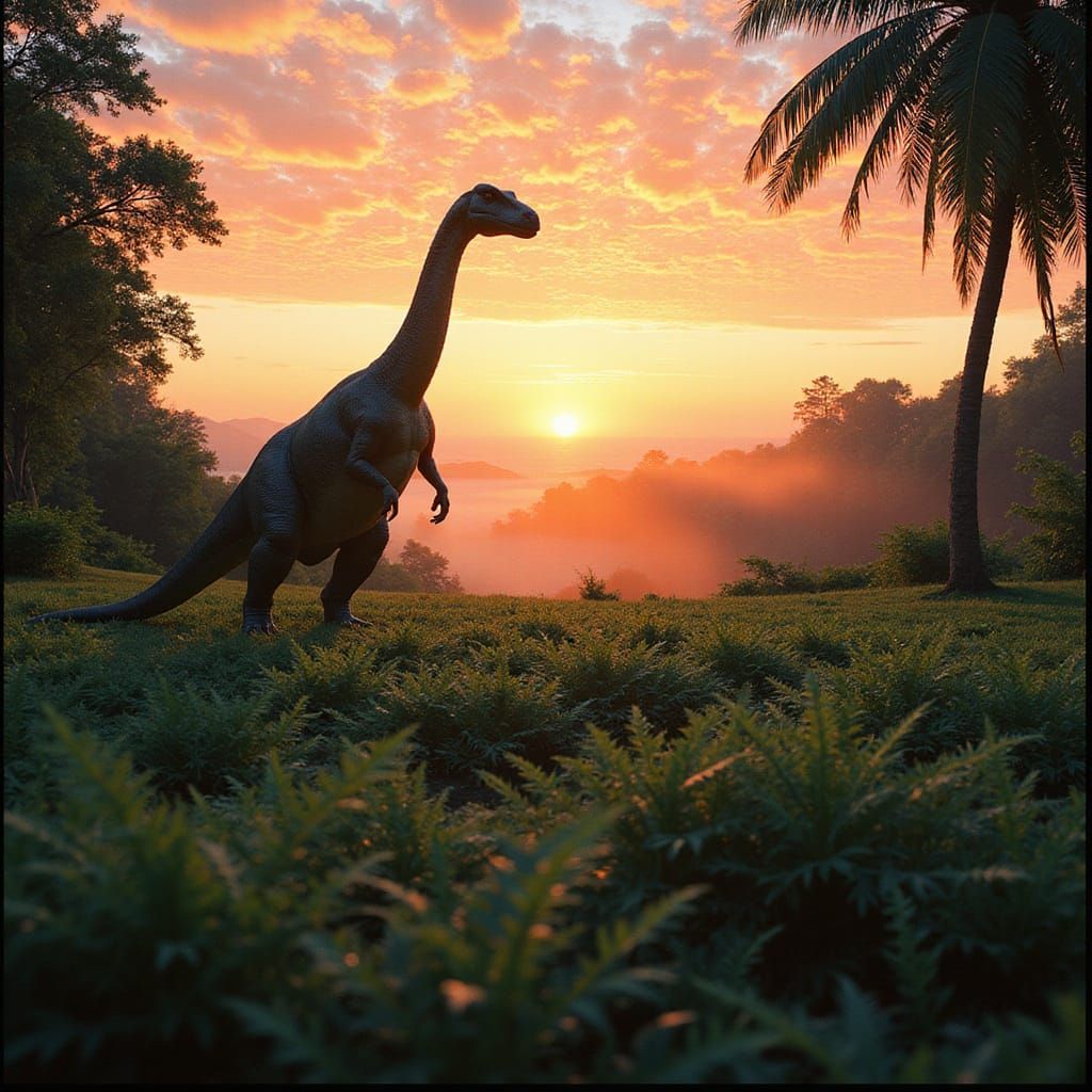 Allosaurus in Fern Prairie at Sunset: Cinematic Film Still