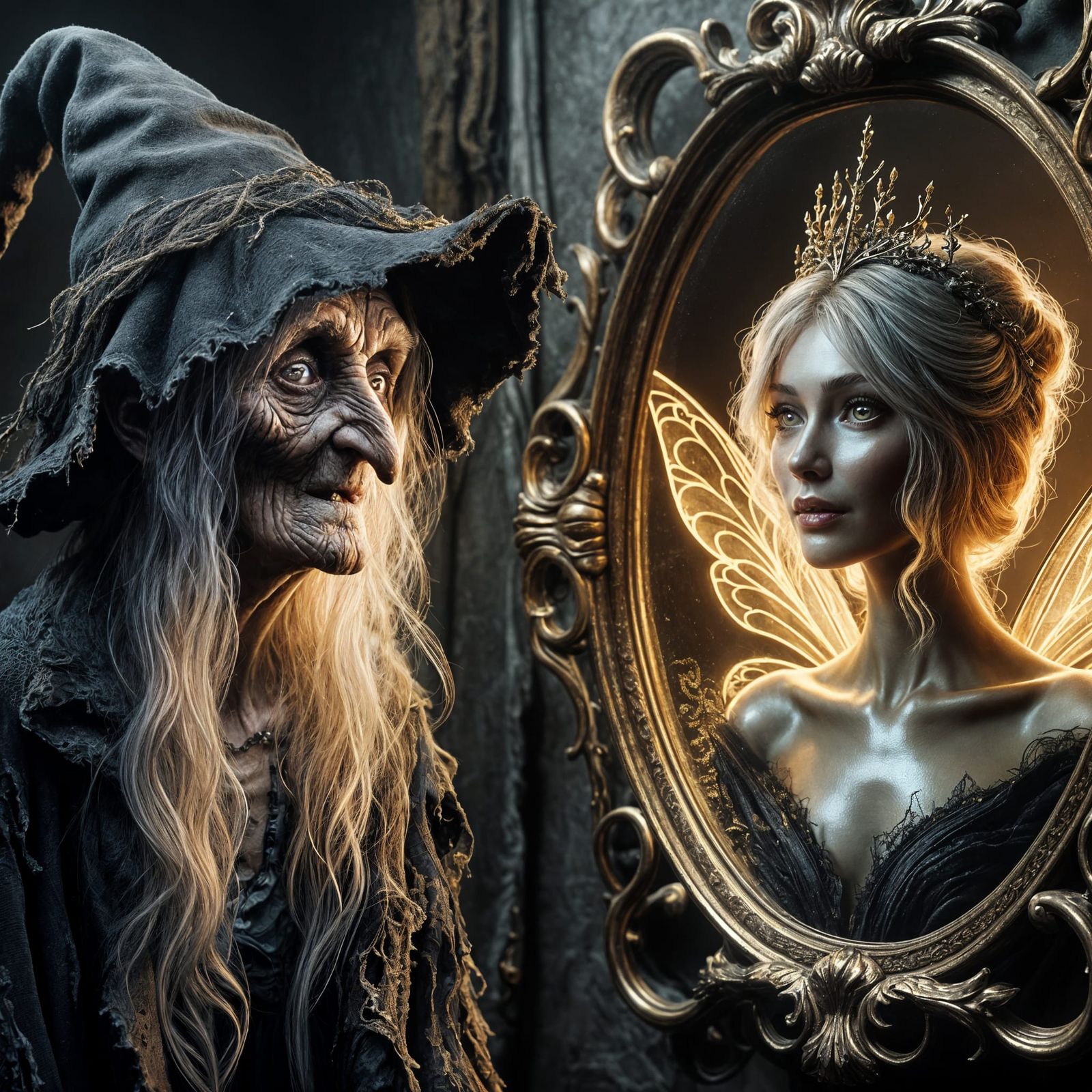 Gothic Fantasy: Witch Sees Young Fairy in Ornate Mirror