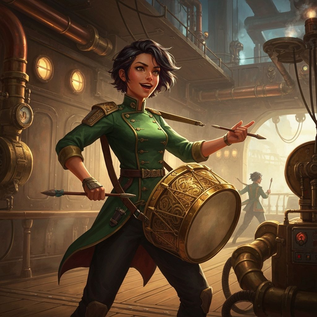 Energetic Woman Drumming on Sci-Fi Steampunk Ship Deck