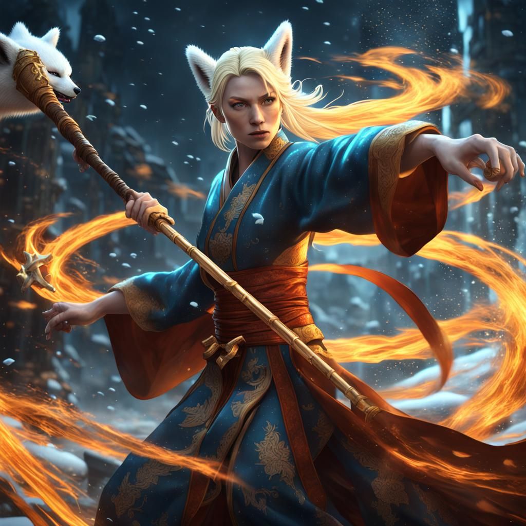 Blonde Kitsune Monk with Staff and Shurikens