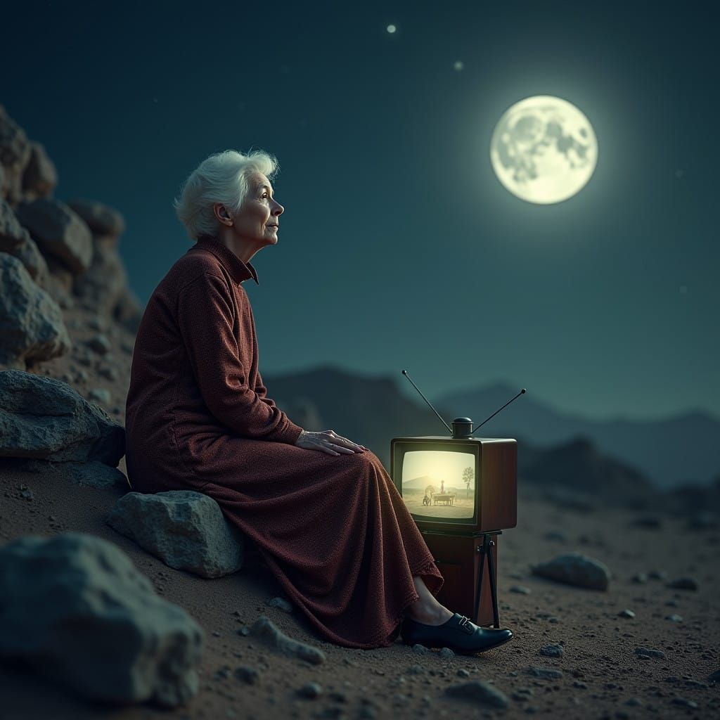 Elderly Woman Watches Vintage Film on Lunar Rock
