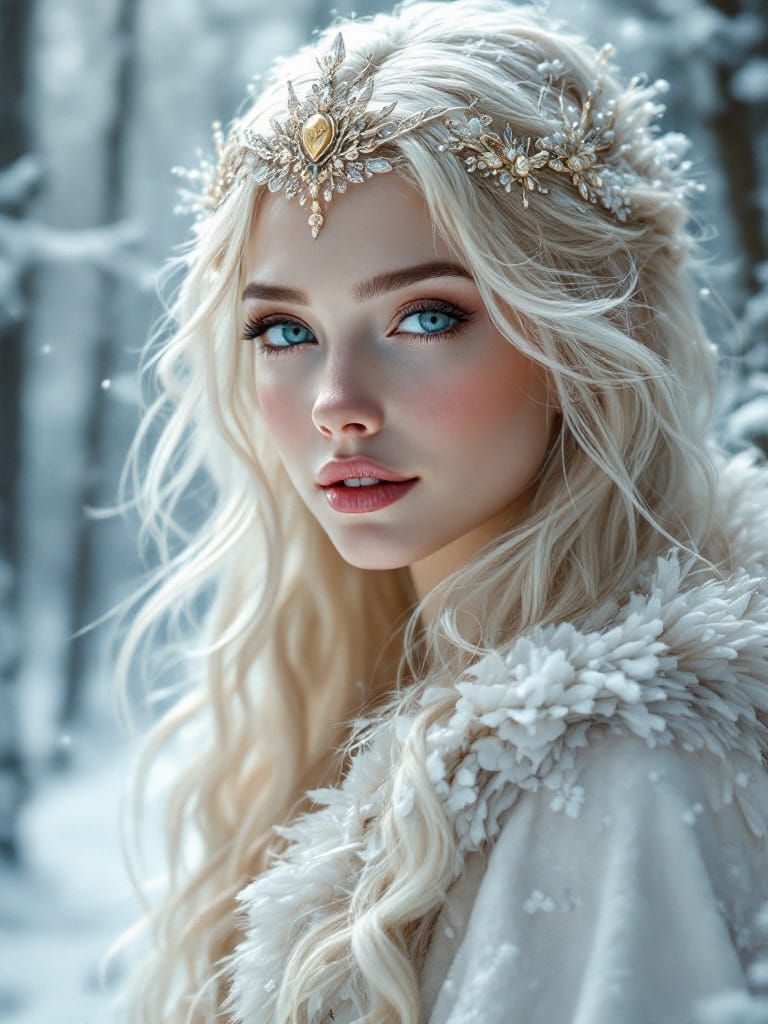 Ethereal Fantasy Portrait of a Blond Woman in a Snowy Forest