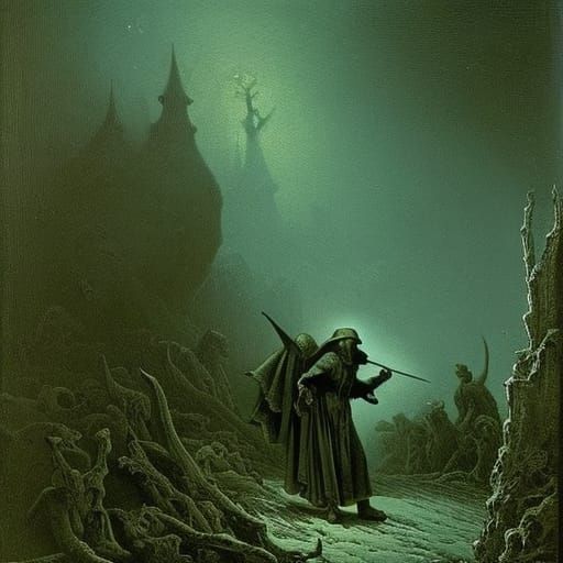 Eerie Midnight Hunt in Engraving Style