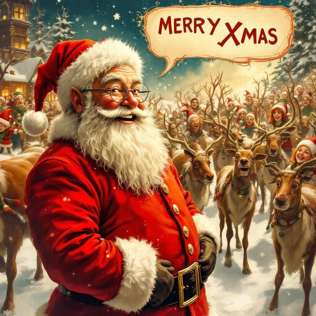 Jovial Santa Claus Surrounded by Mirthful Elves in a Vibrant...