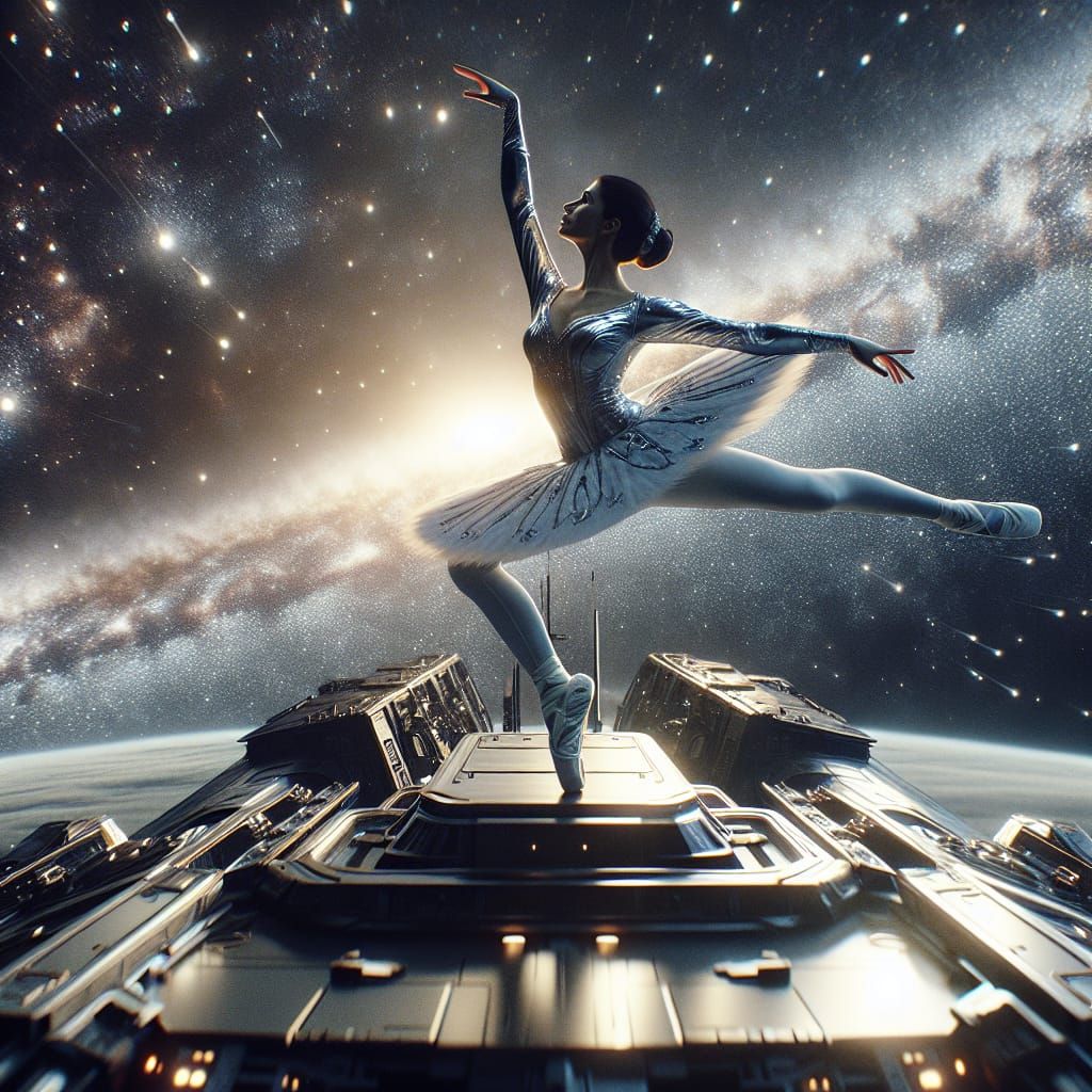 Astronaut in Ballet Pose Amidst Vibrant Interstellar Space