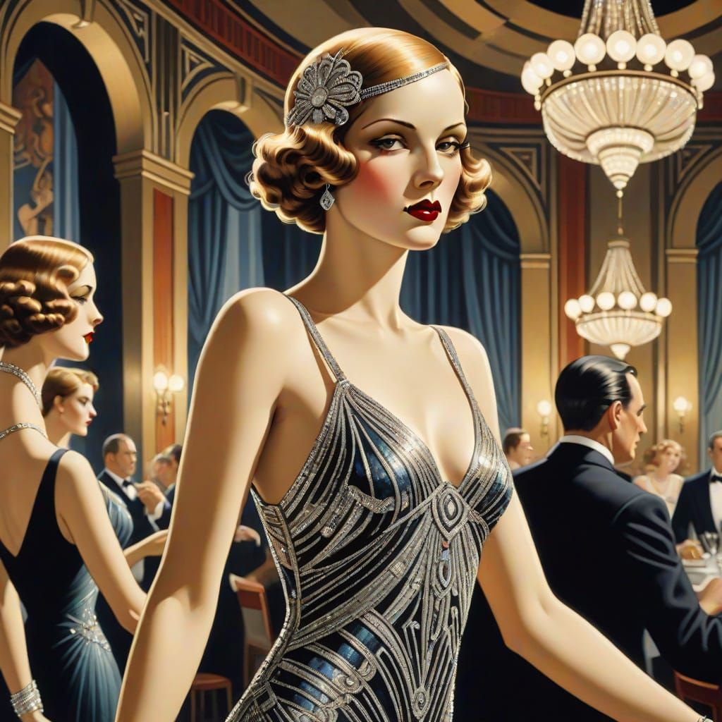 Glamorous Art Deco Flapper Girl in Grand Ballroom