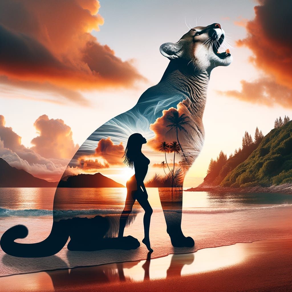 Cougar and Woman Double Exposure Art