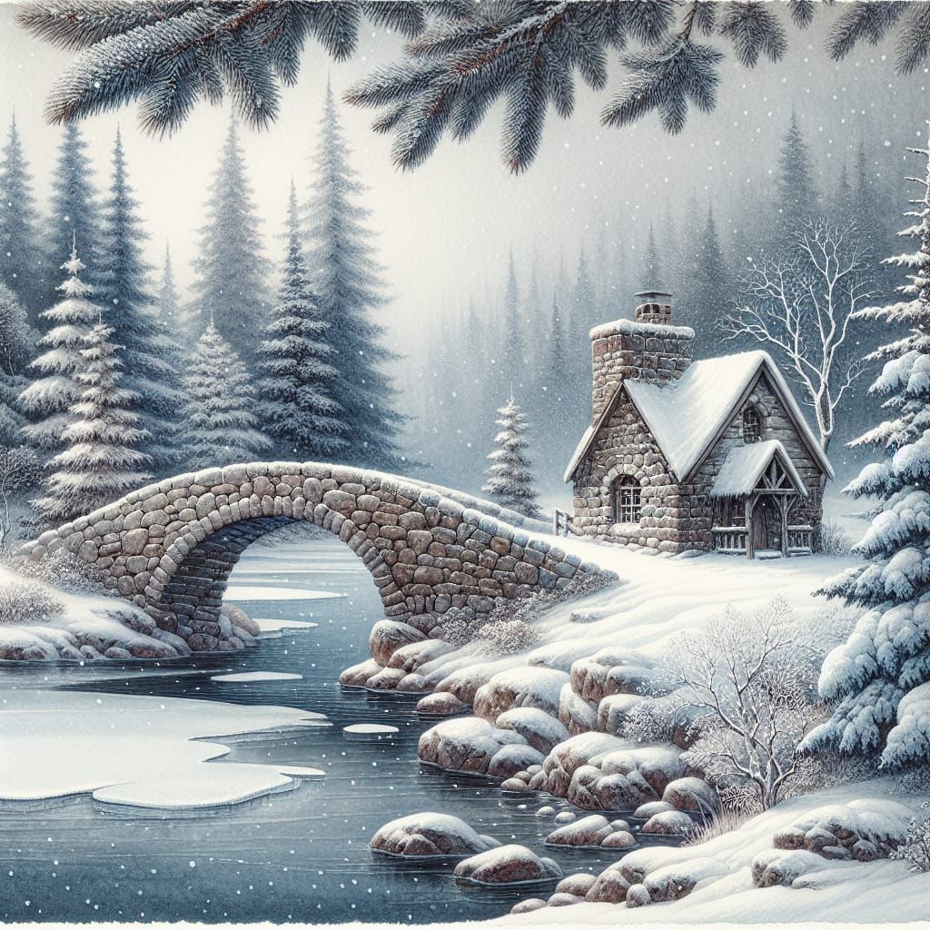 Winter Landscape with Stone Bridge in Watercolor Style