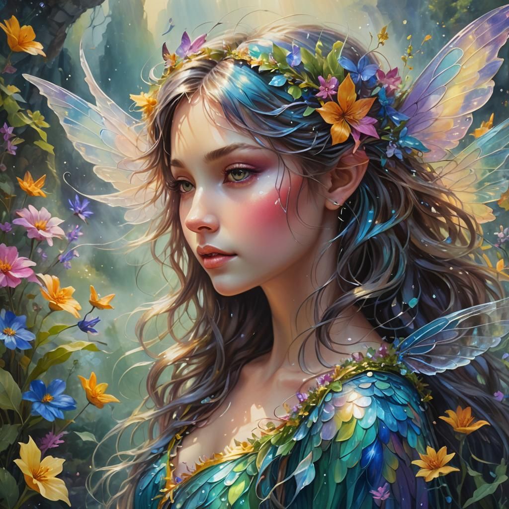 Ethereal Fairy Beauty in Sparkling Cliffside Oil Painting