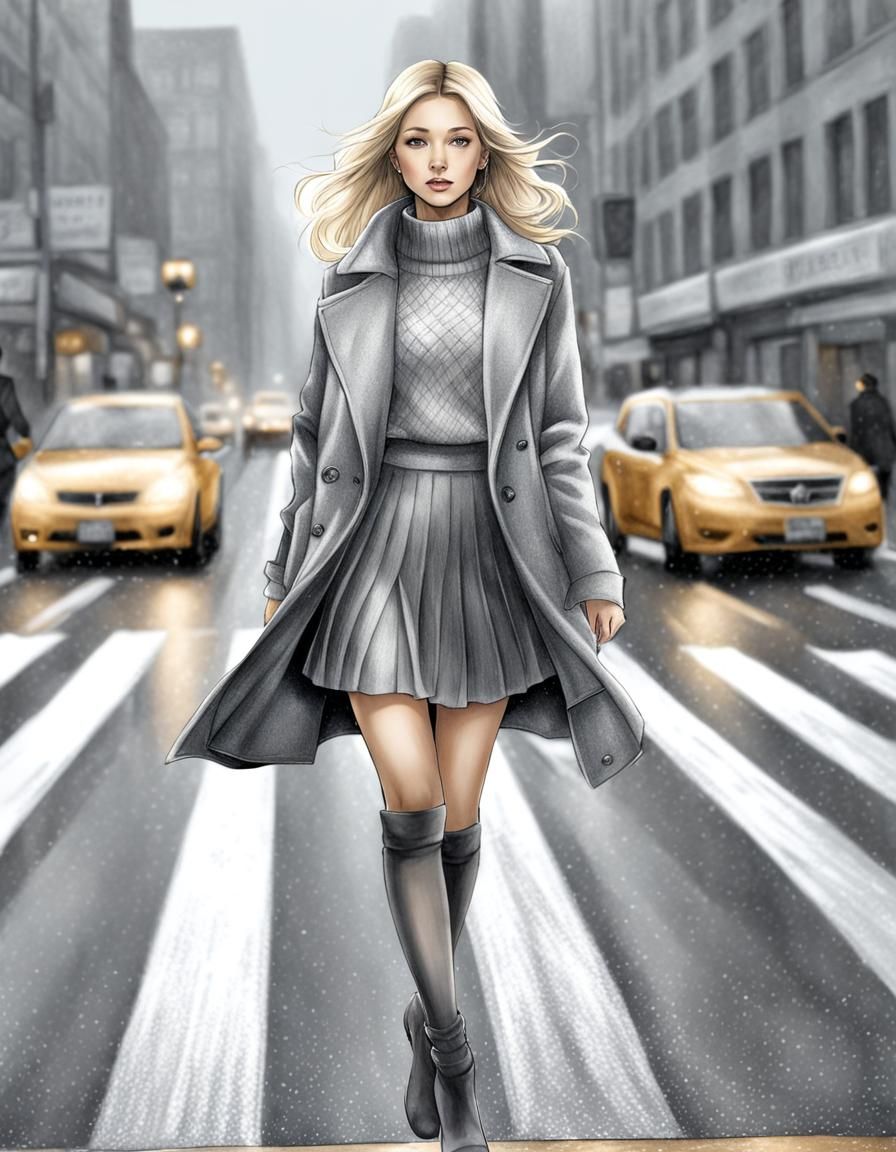 Woman in Cityscape: Pencil Art in Grayscale
