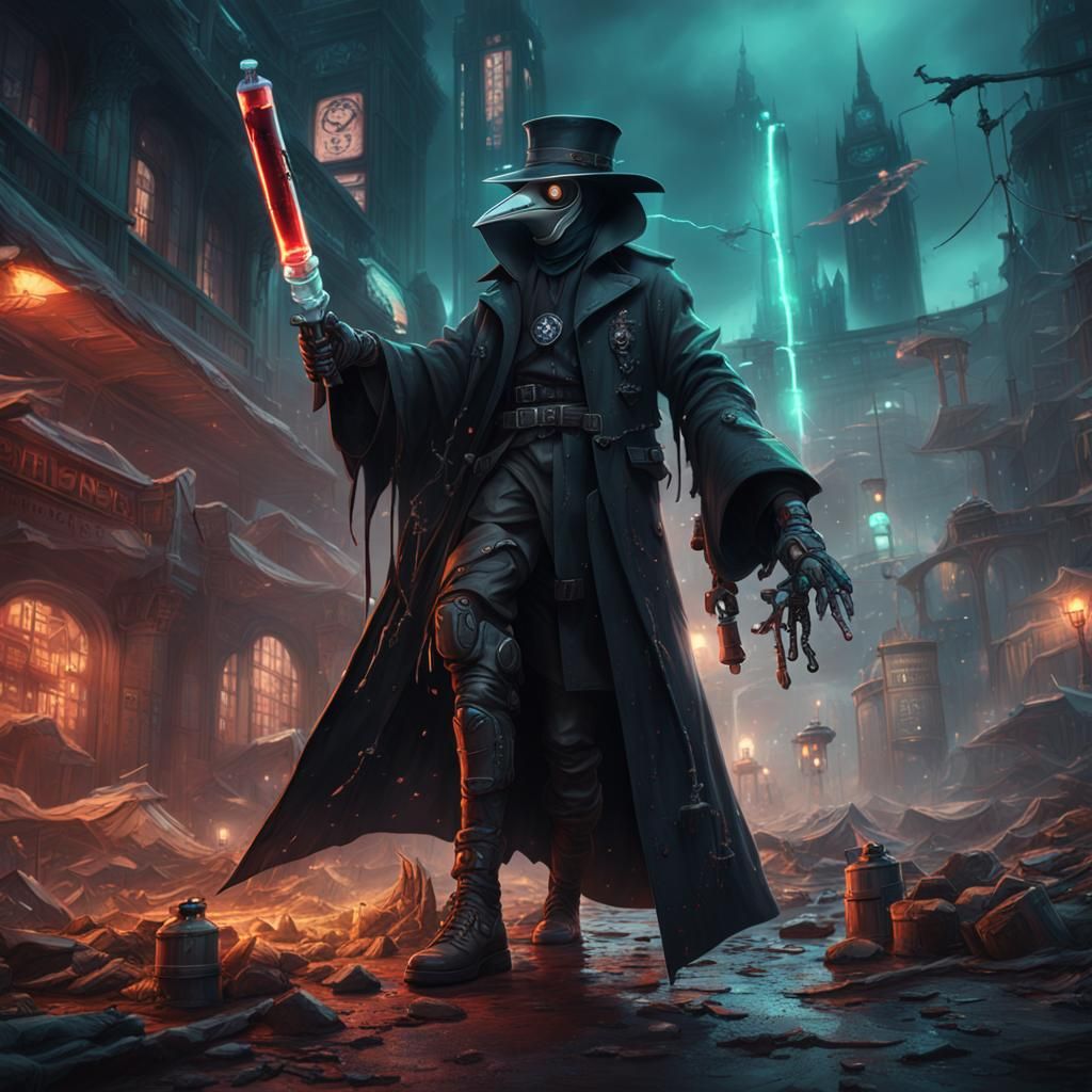 Cyberpunk Plague Doctor with Syringe: Detailed Art