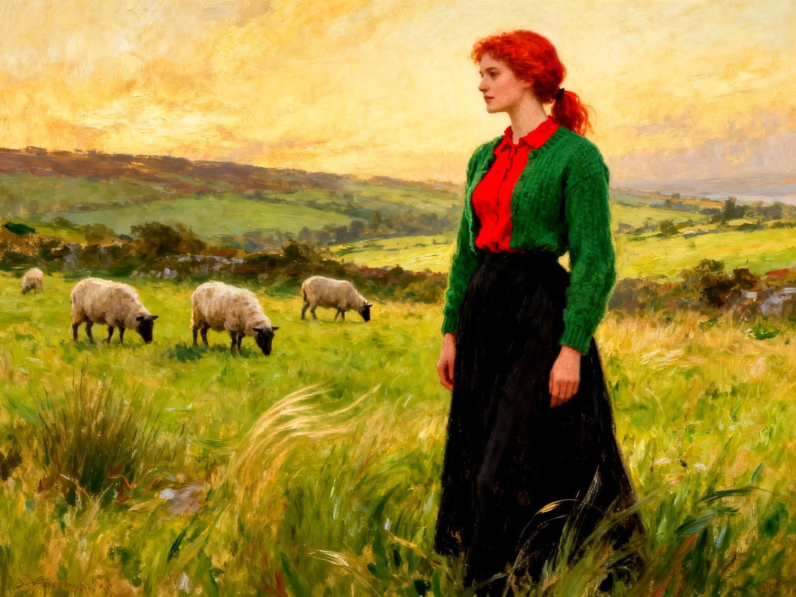 Impressionist Oil Painting of Irish Woman in Meadow