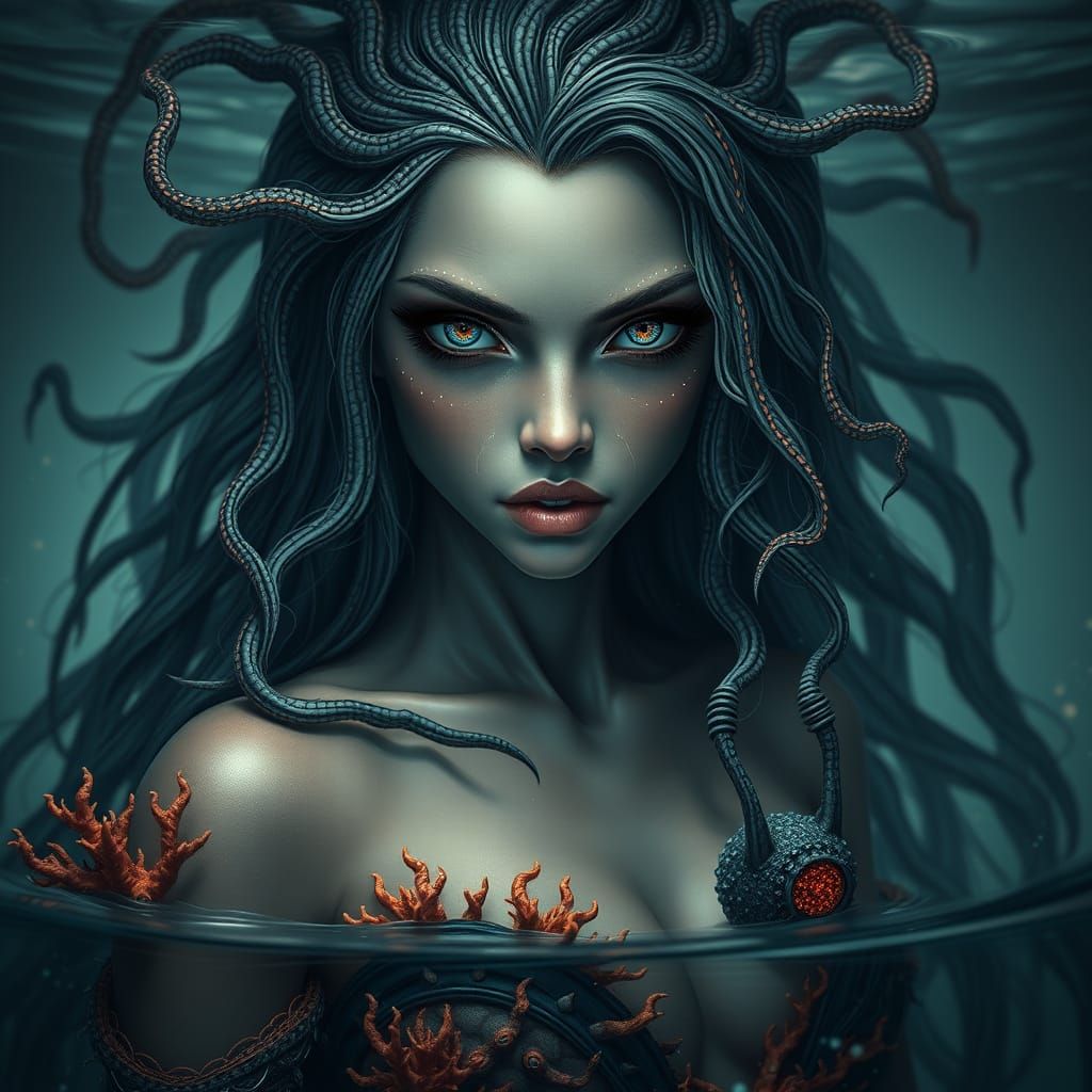 Abyssal Witch in Polished Obsidian and Bioluminescent Hair