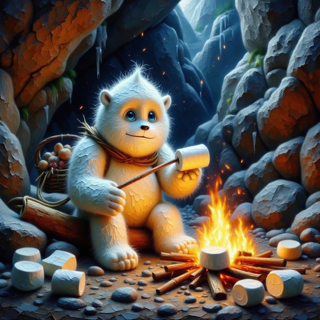 Cute Yeti Roasting Marshmallows in a Cave, Impasto Art