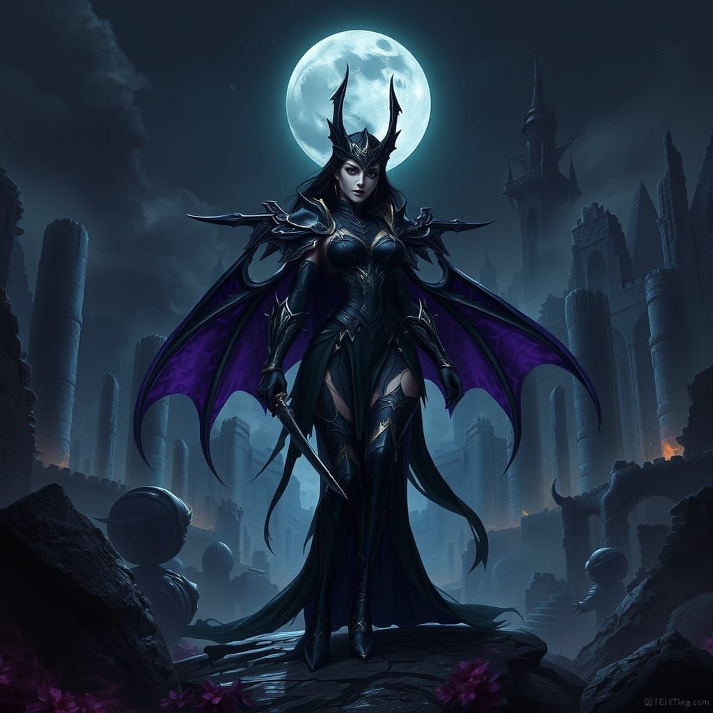 Elegant Warrior Woman in Dark Fantasy Landscape