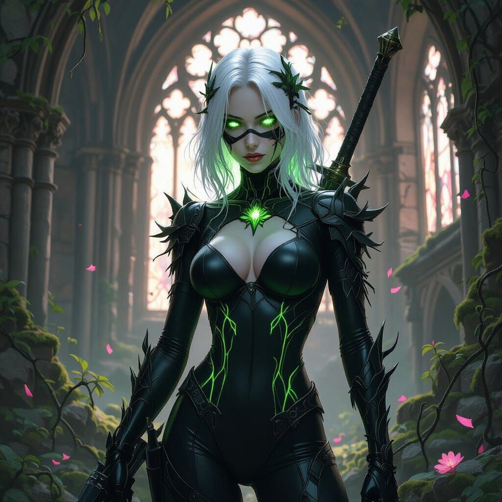Ethereal Botanical Warrior in Cathedral Ruins