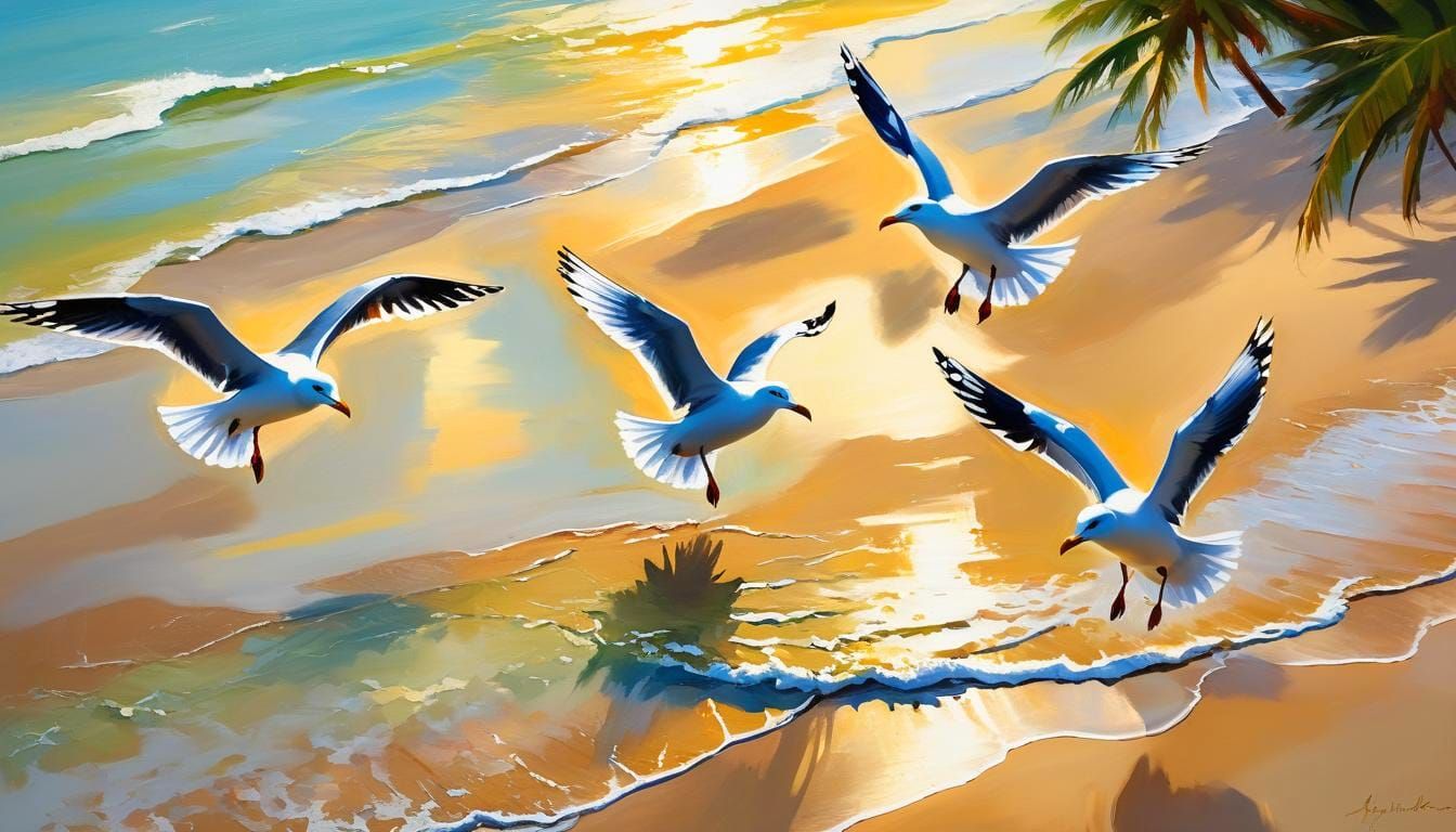 Tropical Beach Scene: Abstract Painting of Soaring Seagulls